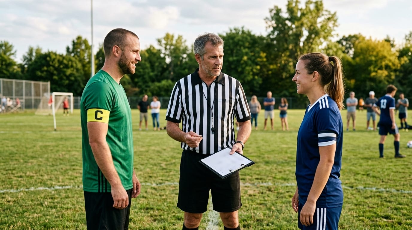 A referee in black-and-white stripes with a clipboard and coin, explaining the ground rules at midfield to two adult team captains, one in green with a captain's armband and one in navy