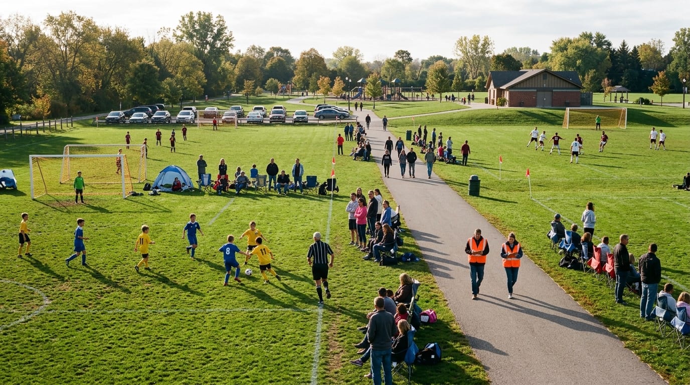A Saturday morning at a community athletic park: a youth soccer game with a referee in the foreground, an adult game on the next field, and two field marshals in safety vests walking the path between them