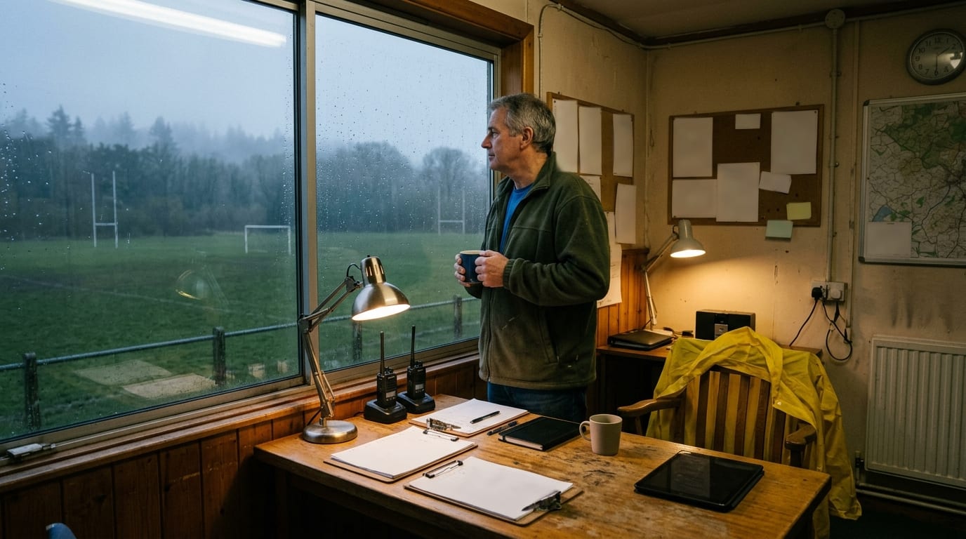A league field coordinator with a coffee mug looking out of the field office window at rain-soaked fields in the early morning, with schedules, radios and clipboards on the desk
