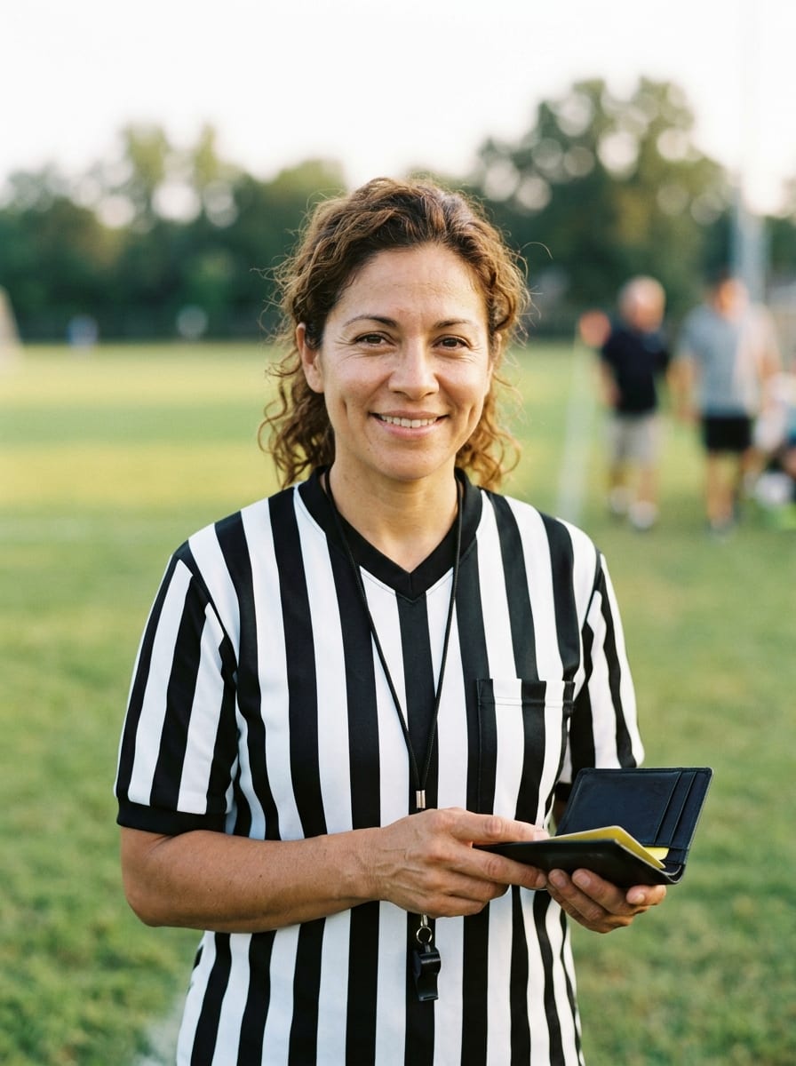 Marisol in a black-and-white striped referee shirt with a whistle on a lanyard, holding her match card wallet beside a community field