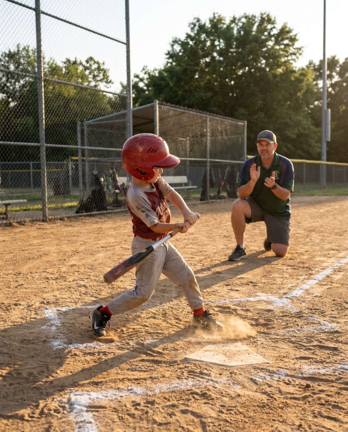A young batter in an oversized helmet swinging at a coach-pitched ball on a dusty diamond