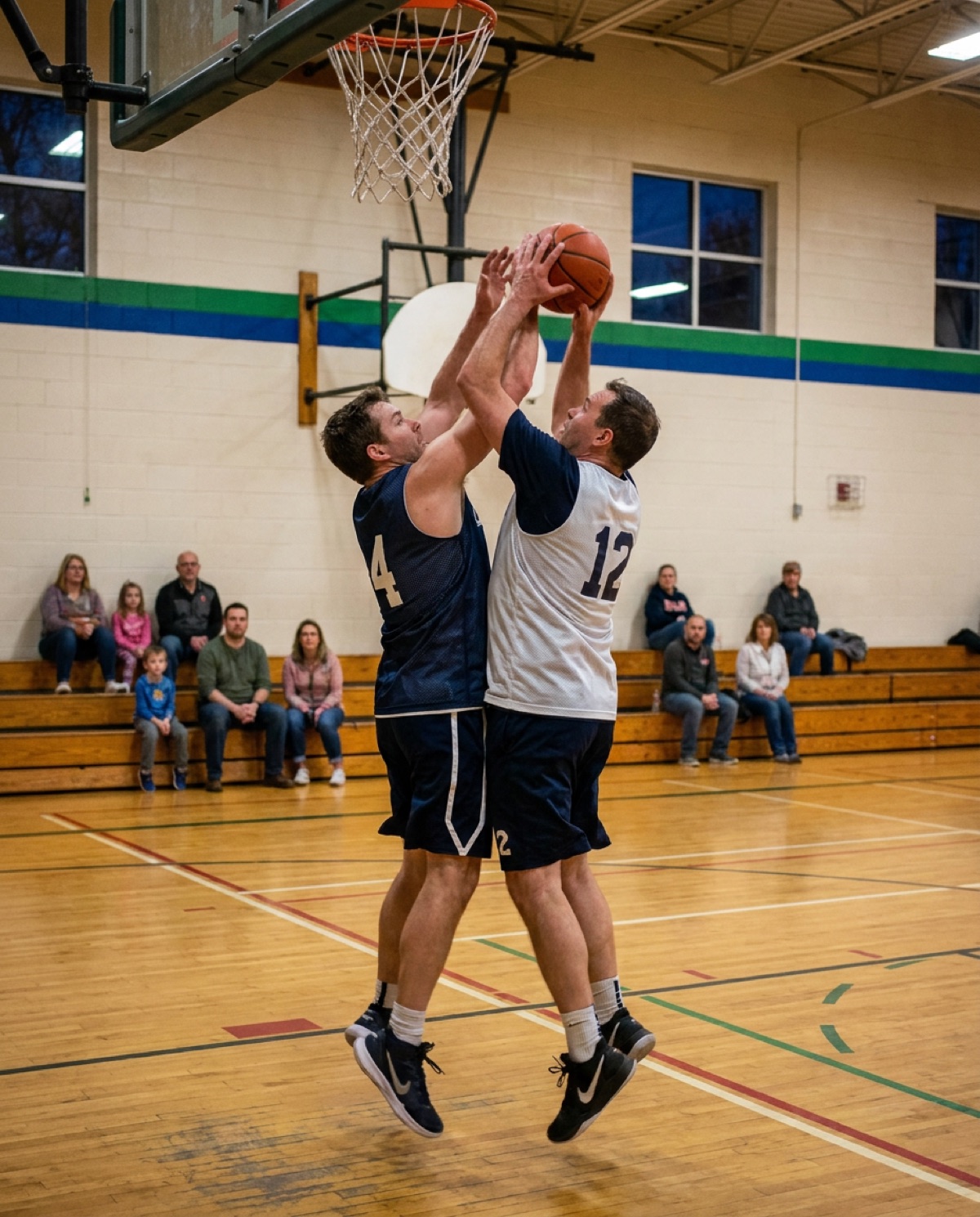 Two adult players contesting a rebound in a community gym with wooden bleachers behind them
