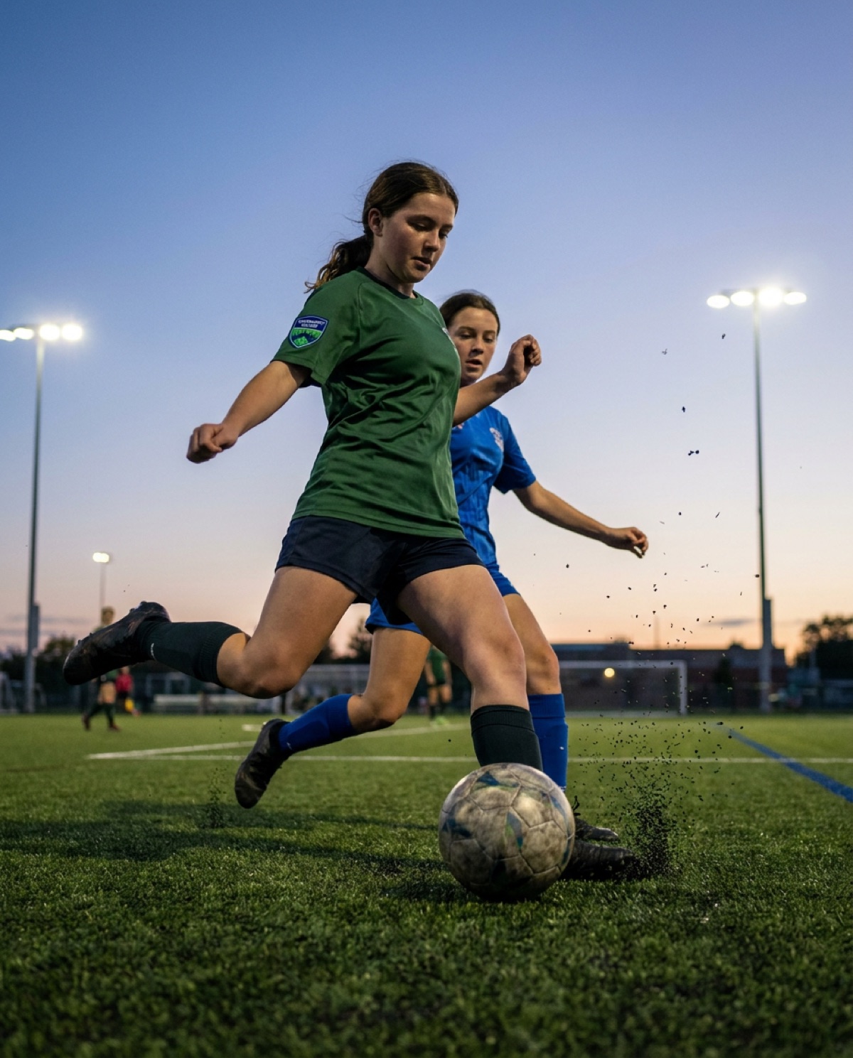 A teenage soccer player striking a ball on a turf field at dusk with floodlights coming on